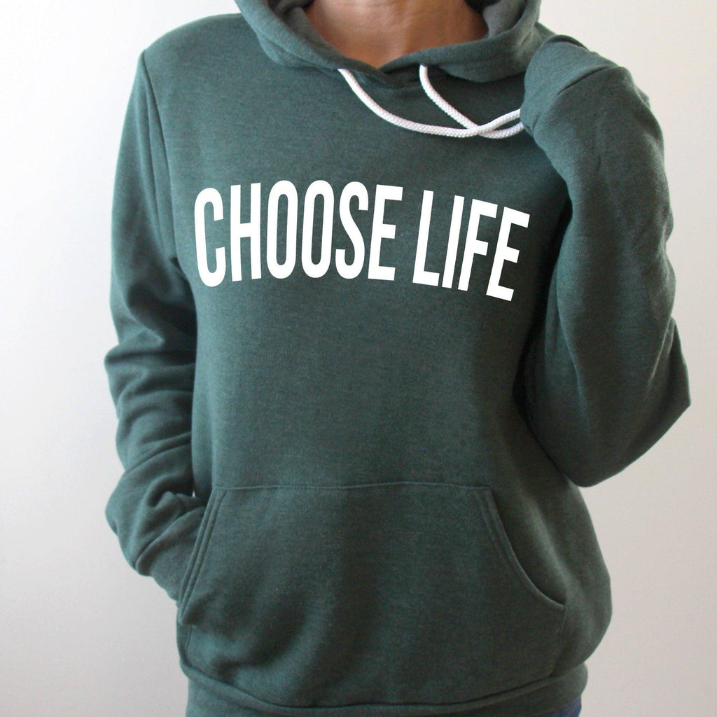 Sponge fleece hooded sweatshirt in dark green with 'Choose Life' front graphic