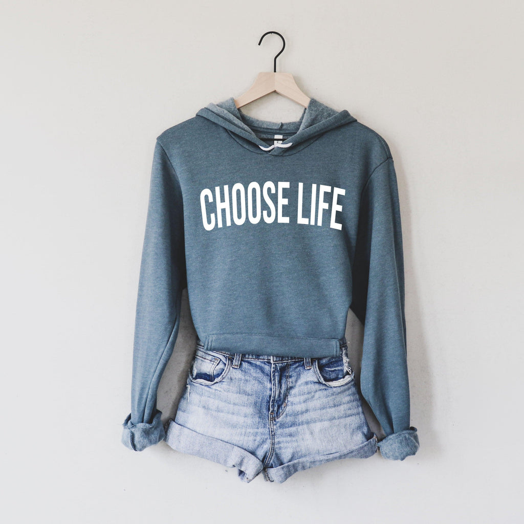 Sponge fleece hooded sweatshirt in heather blue with 'Choose Life' front print