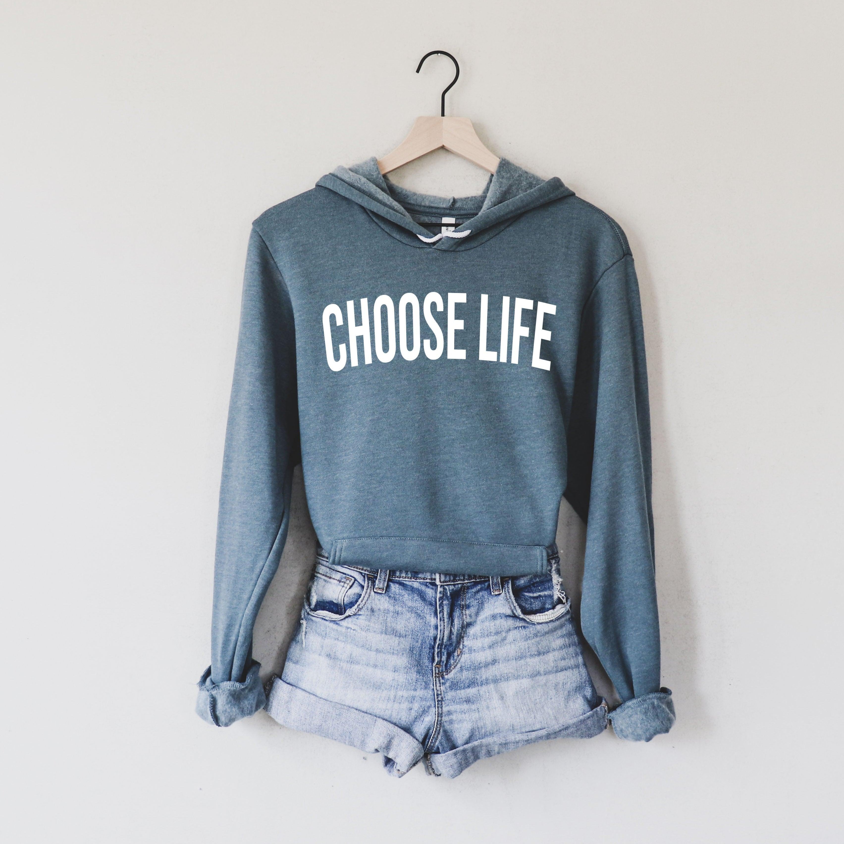 Sponge fleece hooded sweatshirt in heather blue with 'Choose Life' front print