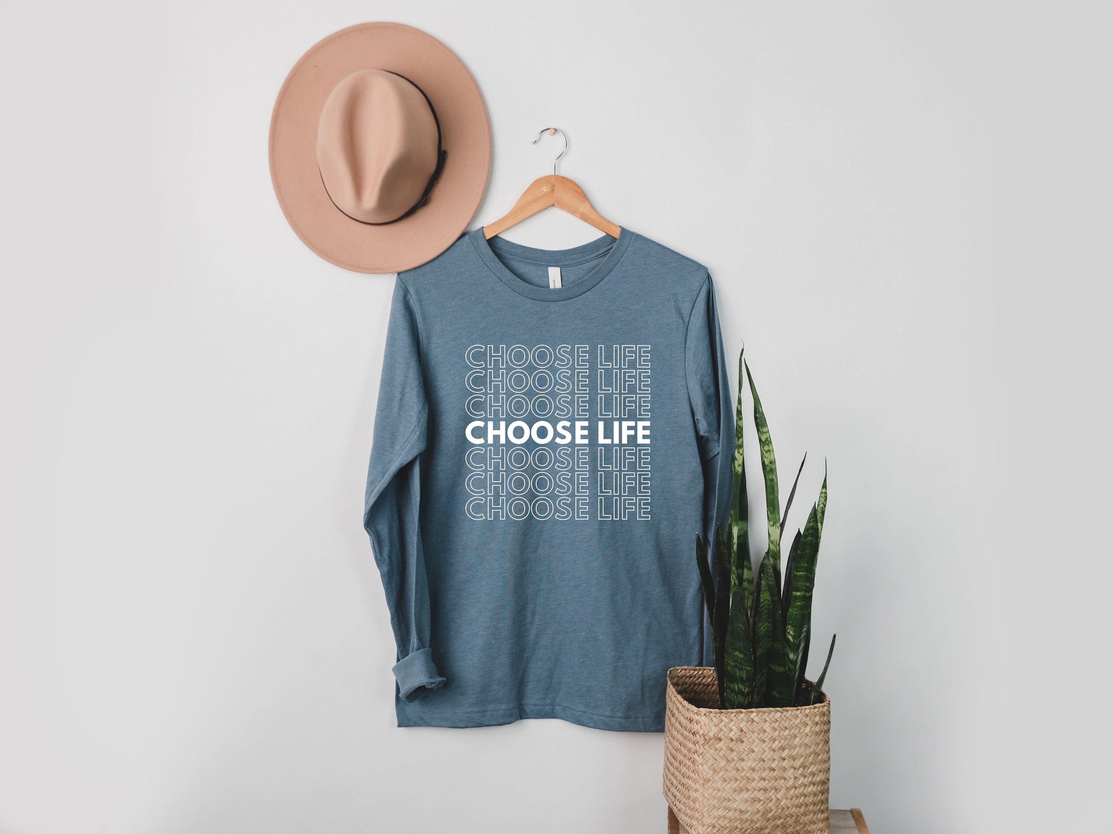 Long-sleeve T-shirt, blue heather, repeated slogan print on front