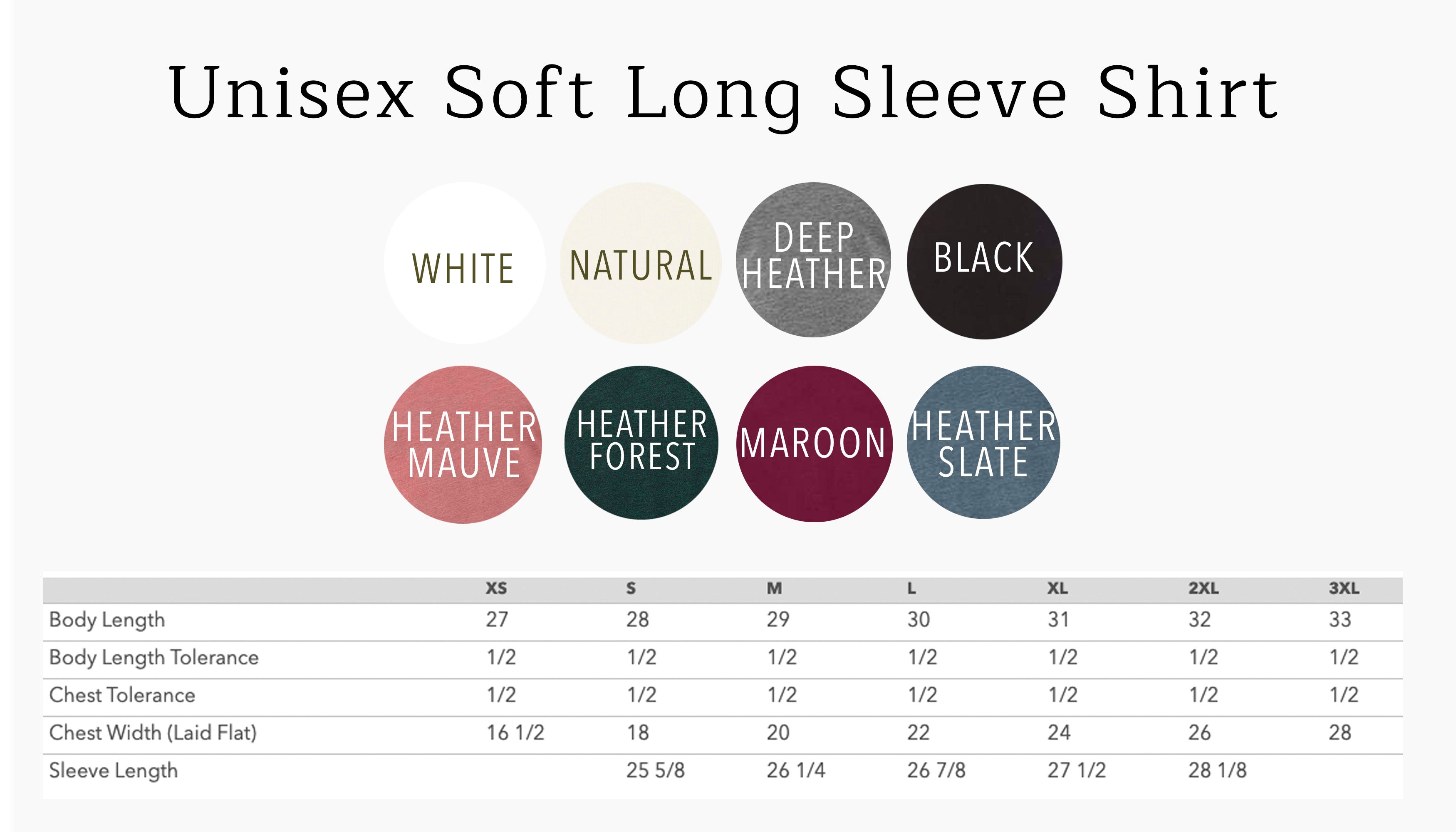 Unisex long-sleeve T-shirt size chart showing measurements and color options