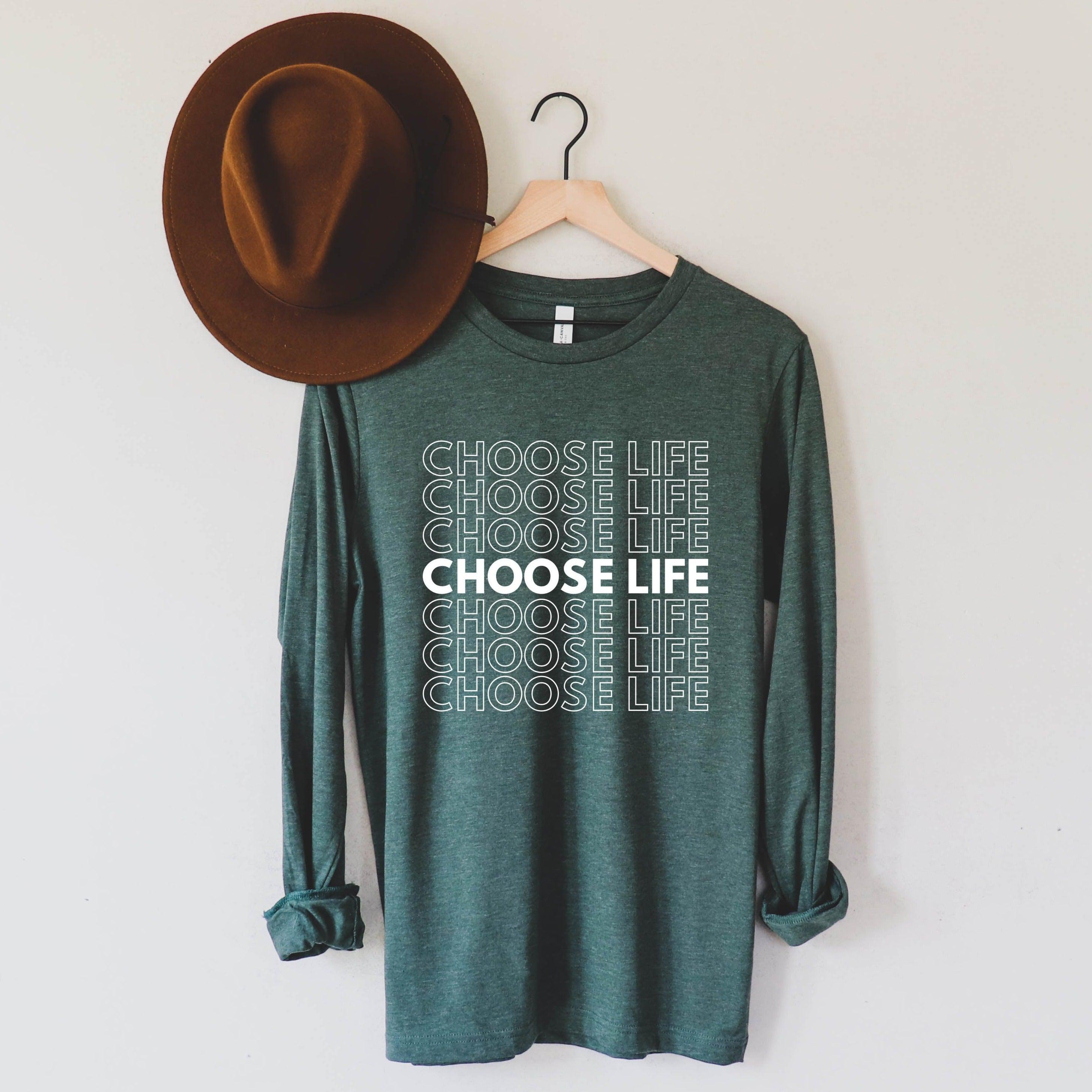Long-sleeve T-shirt, dark teal with repeated slogan print on front