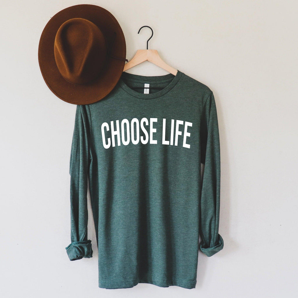 Heather teal long sleeve T-shirt with white 'CHOOSE LIFE' front print
