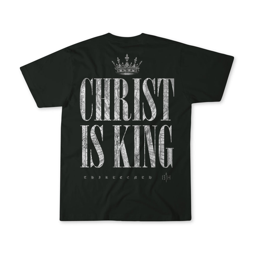 Youth black tee with large distressed "CHRIST IS KING" text and crown graphic