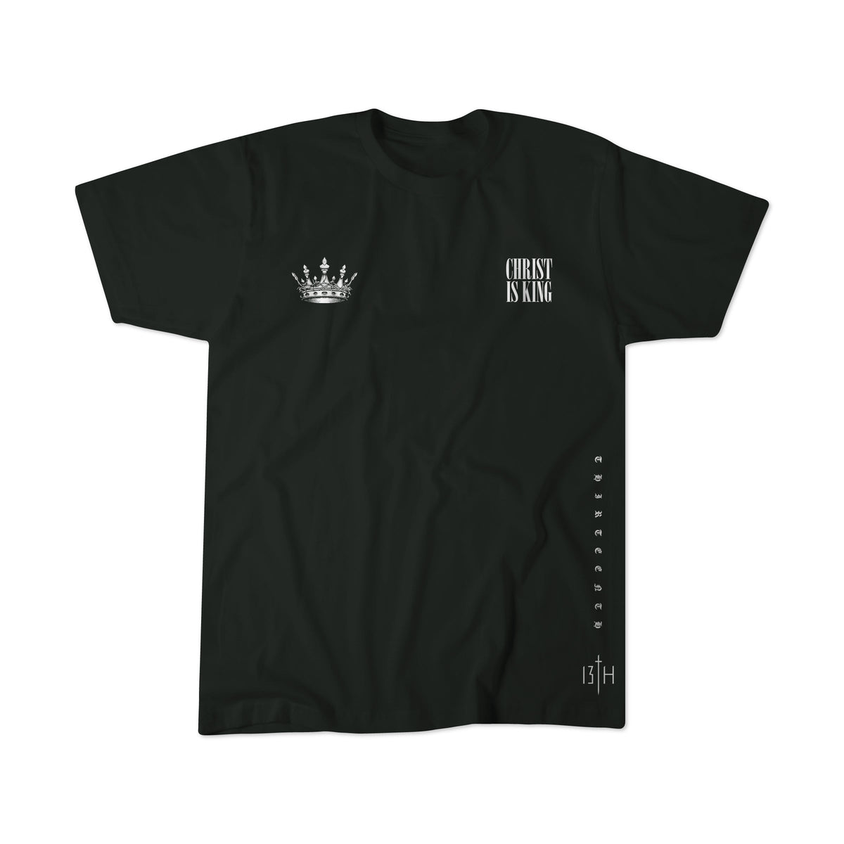 Black T-shirt flat lay with small crown logo and "CHRIST IS KING" mark