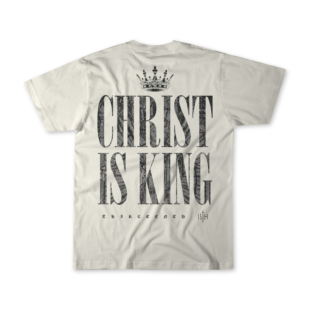 Ivory graphic t-shirt with front crown and 'CHRIST IS KING' typography