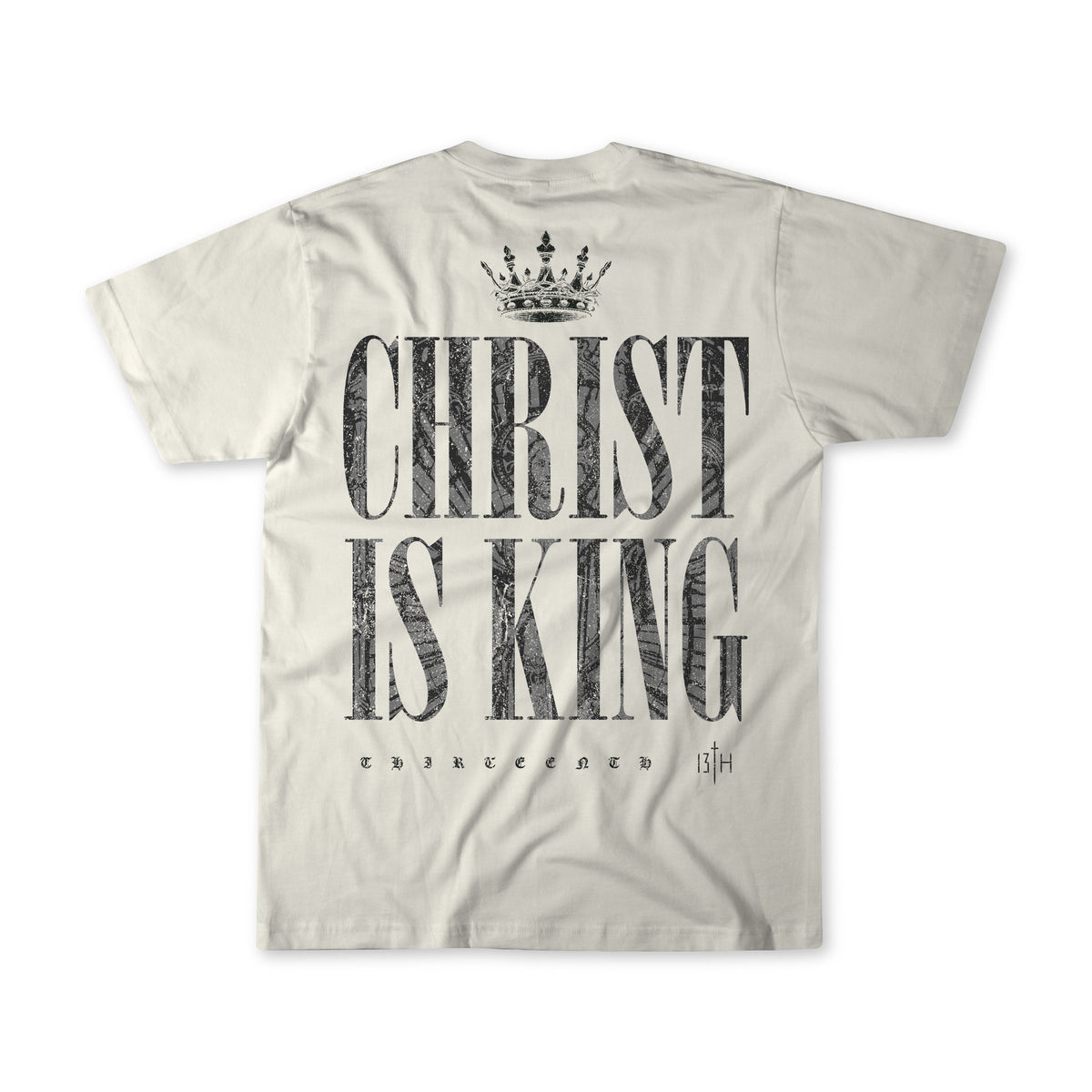 Ivory graphic t-shirt with front crown and 'CHRIST IS KING' typography