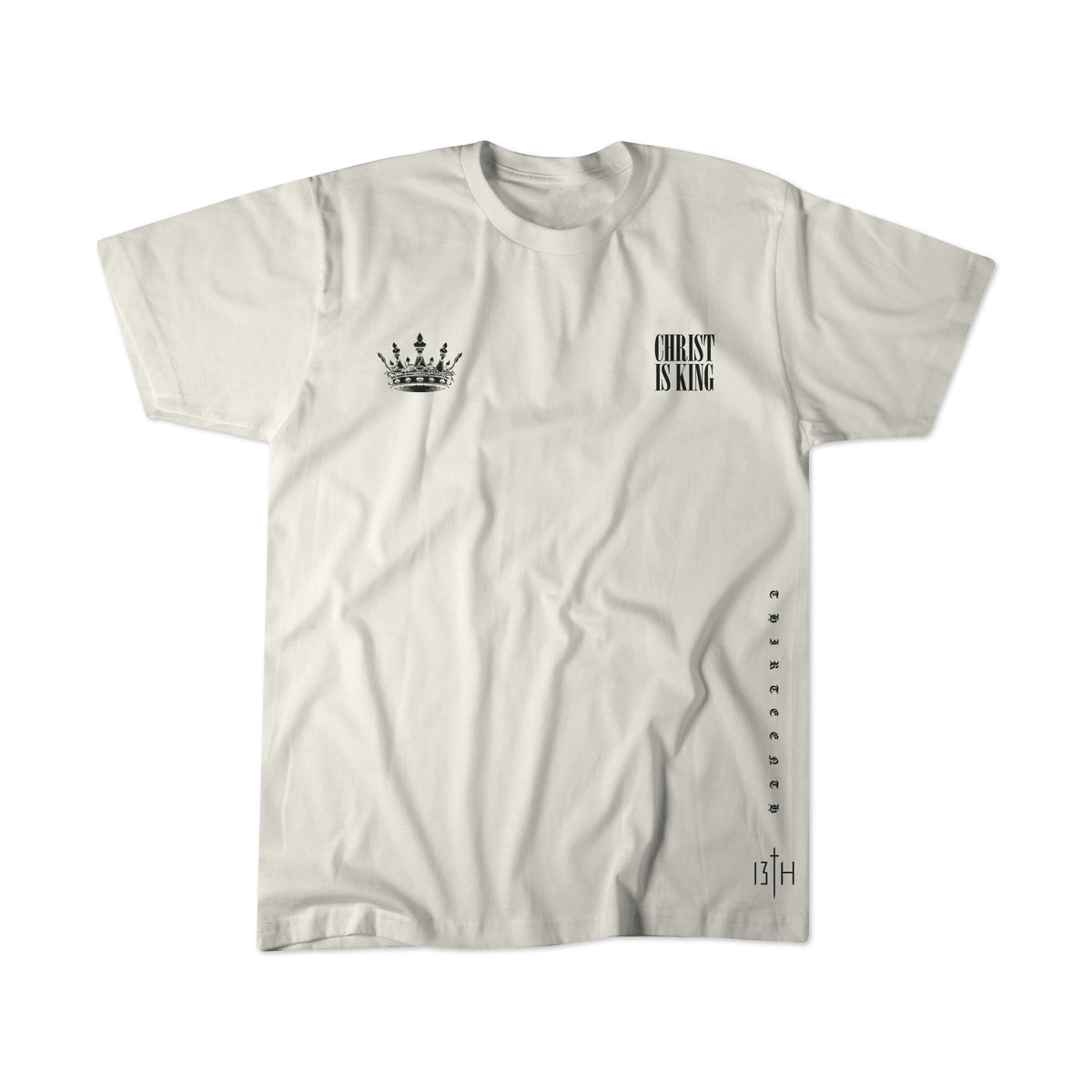 Ivory graphic t-shirt with small chest crown and 'CHRIST IS KING' logo