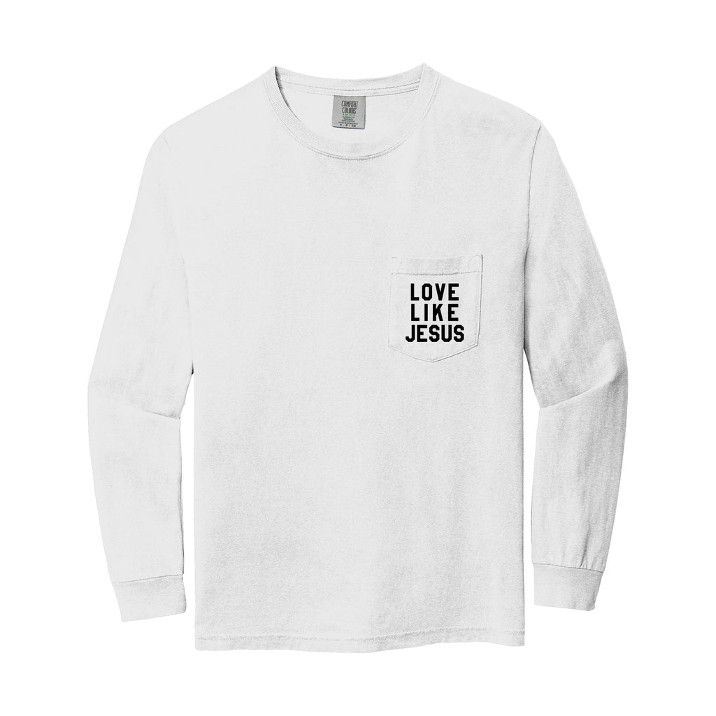 White long sleeve pocket tee with "LOVE LIKE JESUS" chest print