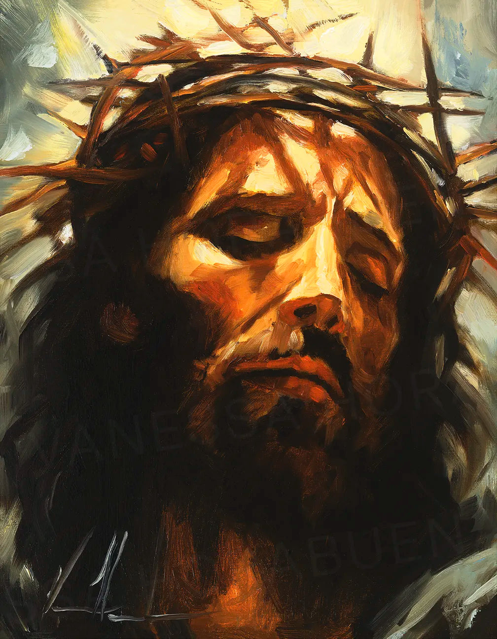Close-up bearded Jesus portrait wall art print with orange skin and dark hair