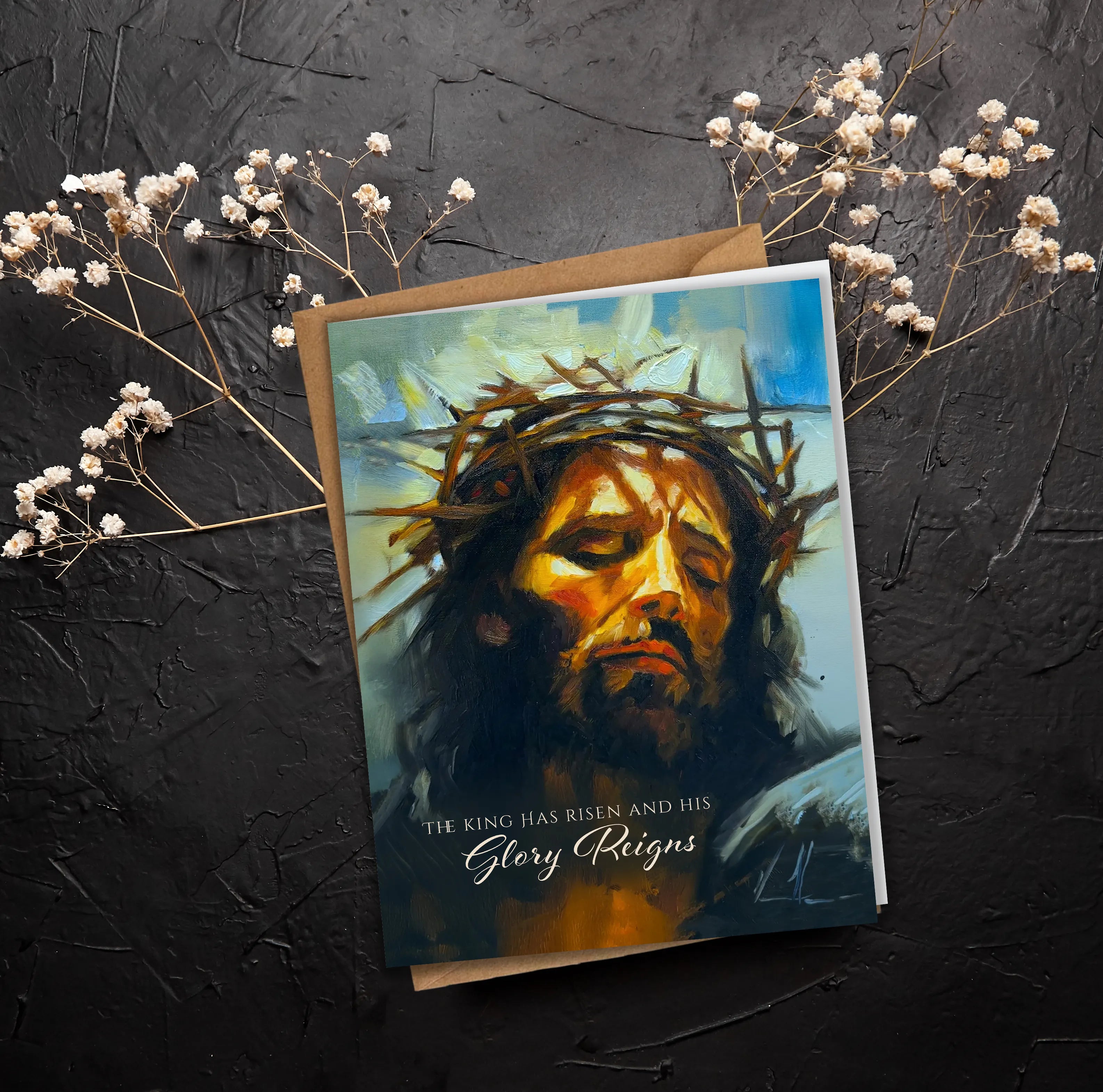 Easter greeting card with Jesus portrait and blue gradient cover text 'Glory Reigns'