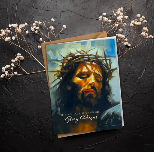 Easter greeting card with Jesus portrait and blue gradient cover text 'Glory Reigns'