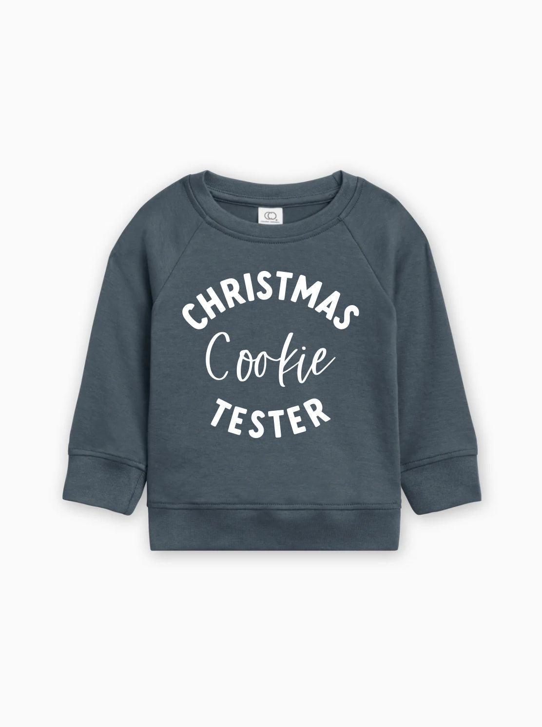 Dark blue Christmas Cookie Tester pullover for baby and toddler, crewneck sweatshirt