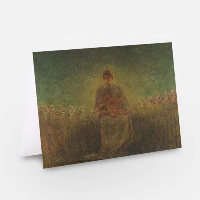 Art print of Madonna holding a book in a field of lilies