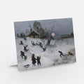 Sledging scene art print with people pulling sleds in snowy landscape
