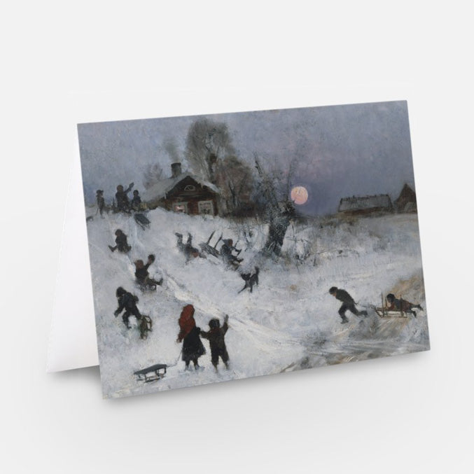 Sledging scene art print with people pulling sleds in snowy landscape