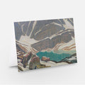 Landscape canvas print with turquoise lake, mountains, and trees, abstract brushwork.