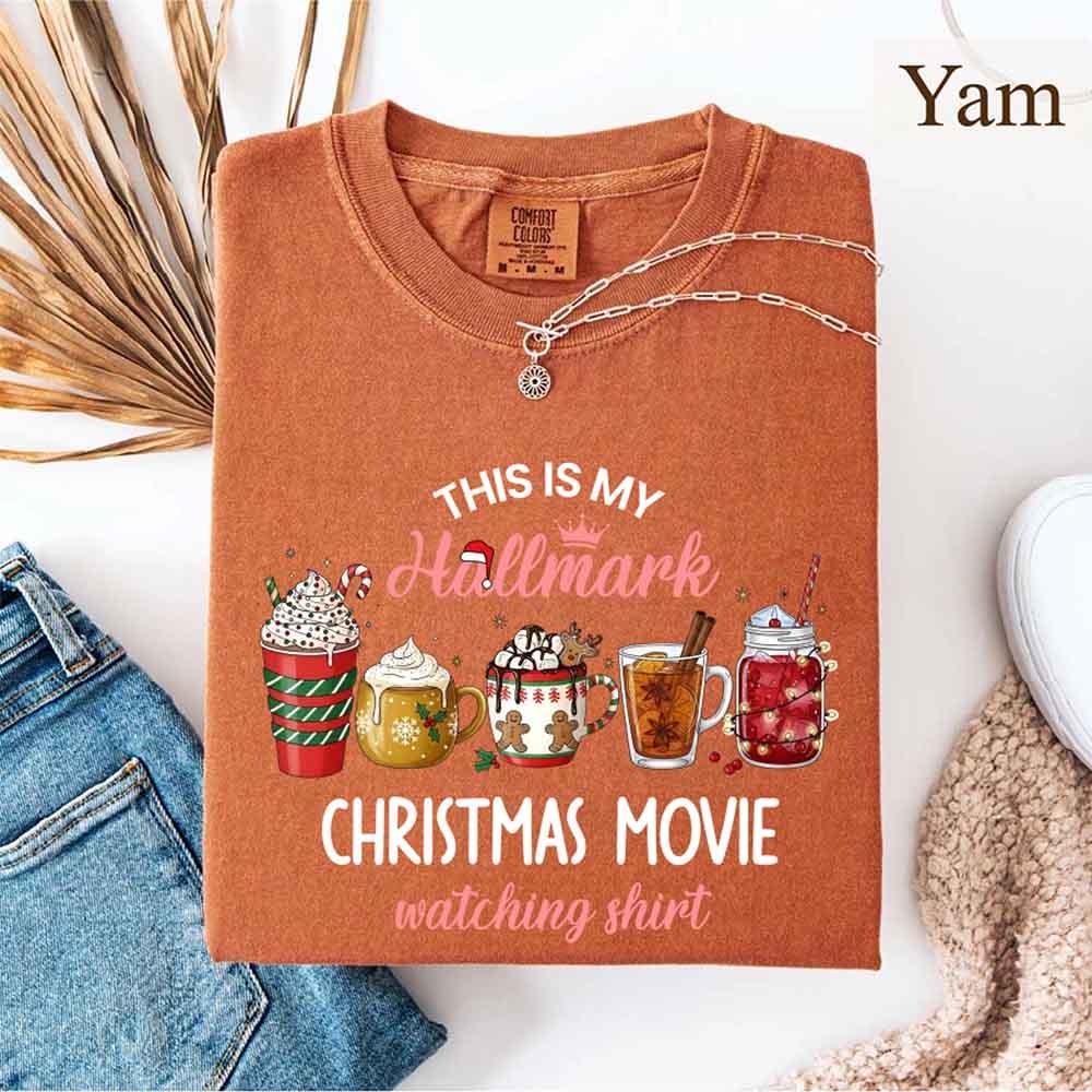 Yam orange Christmas movie T-shirt with Hallmark holiday graphic