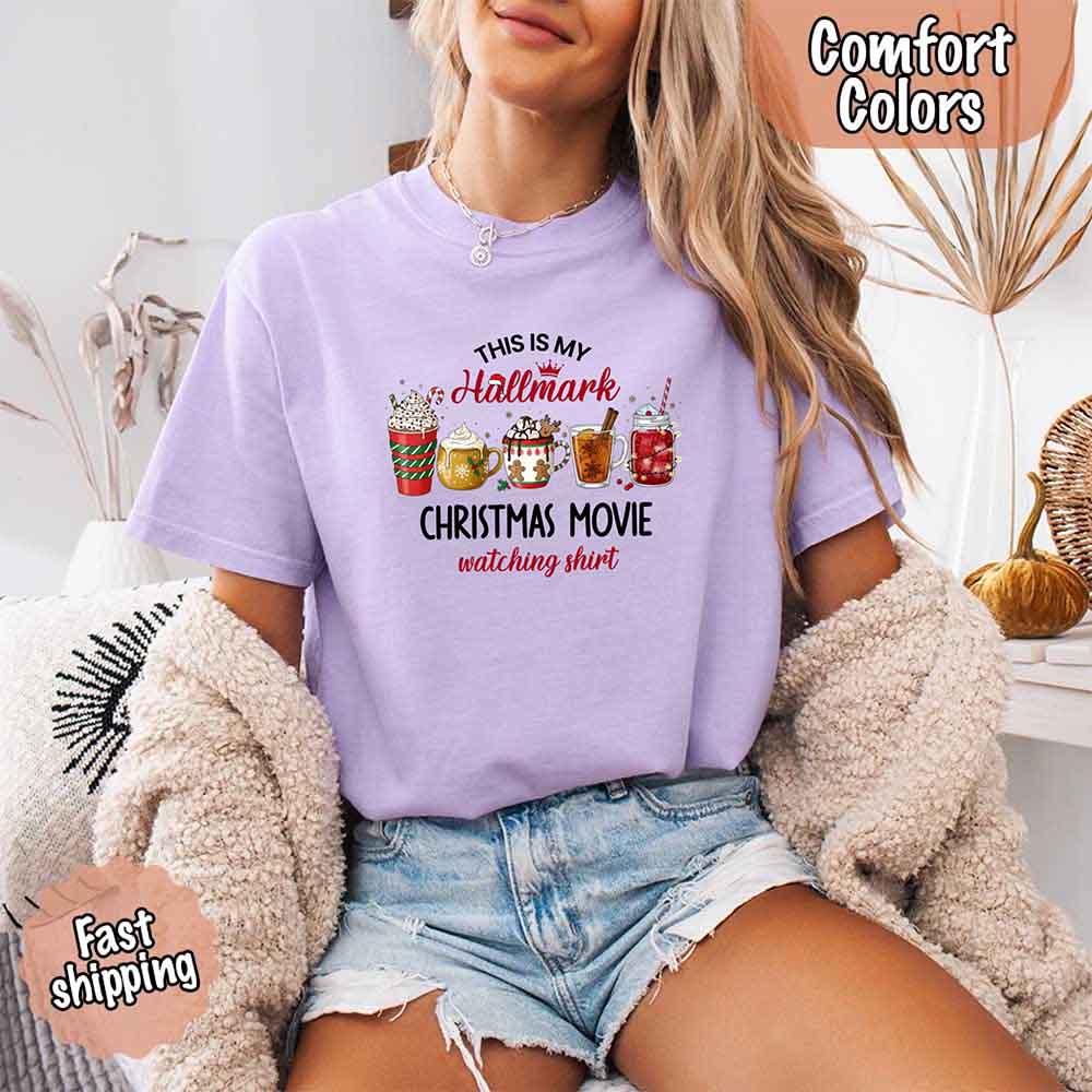Purple Christmas movie watching shirt with Hallmark graphic on front