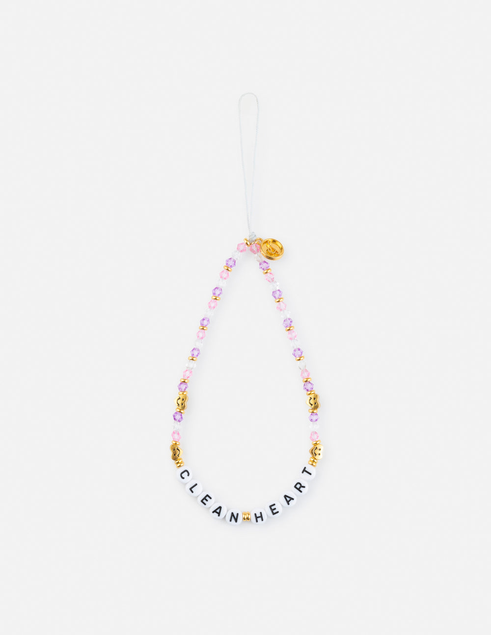 Beaded heart phone charm with pastel beads and gold round accents, hanging loop