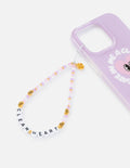 Lavender phone charm strap with multicolor beads and small gold heart accents