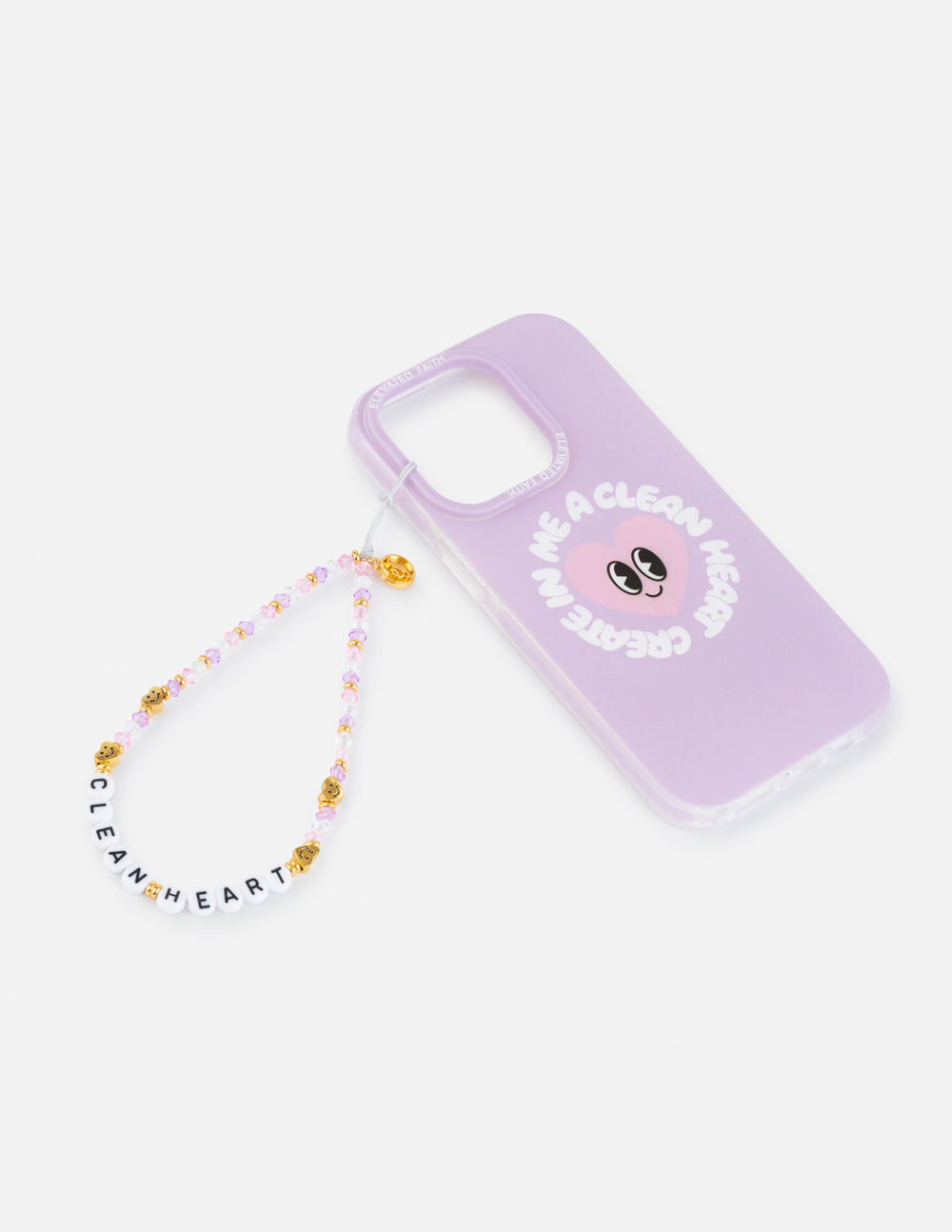 Lavender phone case with beaded heart phone charm and dangling multicolor bead strand