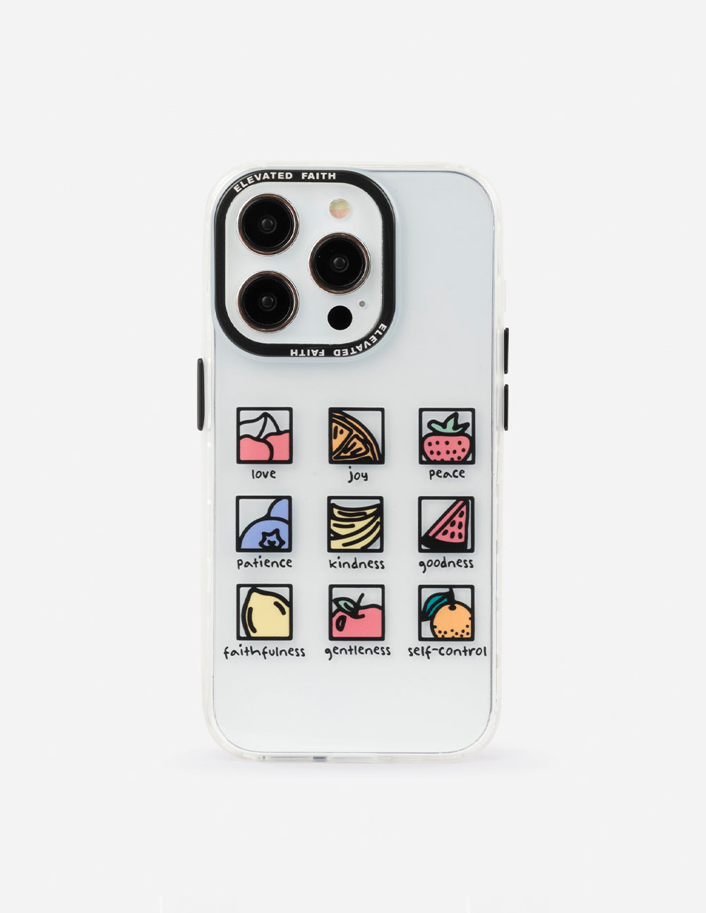 Clear phone case with colorful fruit-and-word icons and camera cutout
