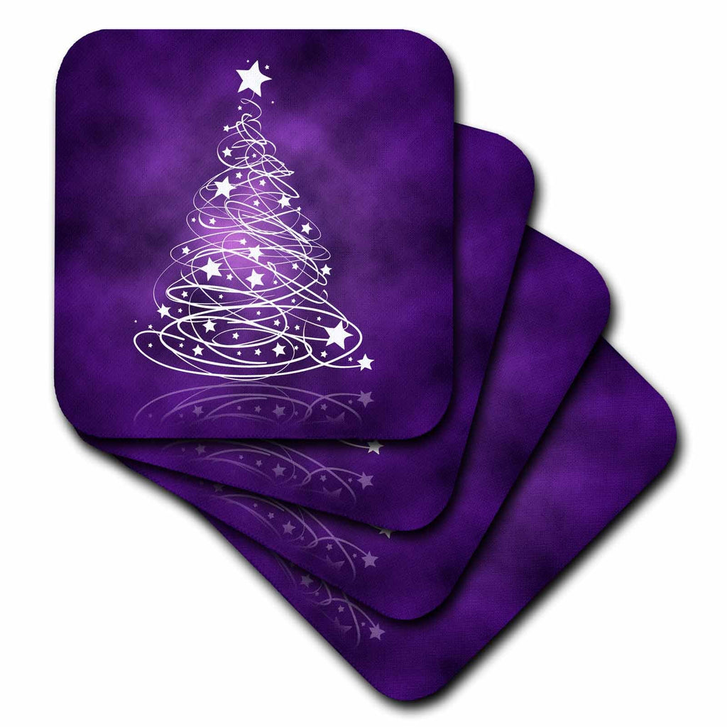 Stack of purple square coasters with white sparkling Christmas tree design