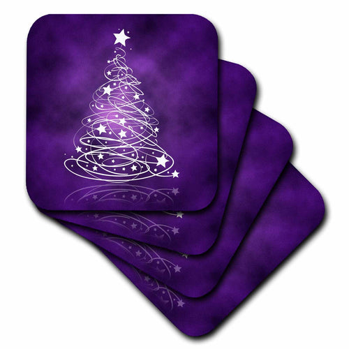 Stack of purple square coasters with white sparkling Christmas tree design