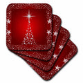 Set of four red holiday star tree coasters with silver sparkle star accents, square