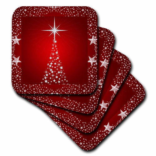 Set of four red holiday star tree coasters with silver sparkle star accents, square