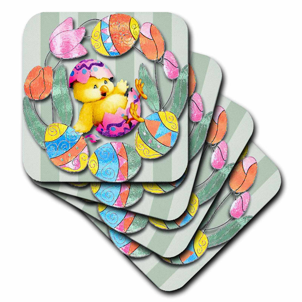 Stack of square coasters with Easter chick, decorated eggs, and tulips pattern