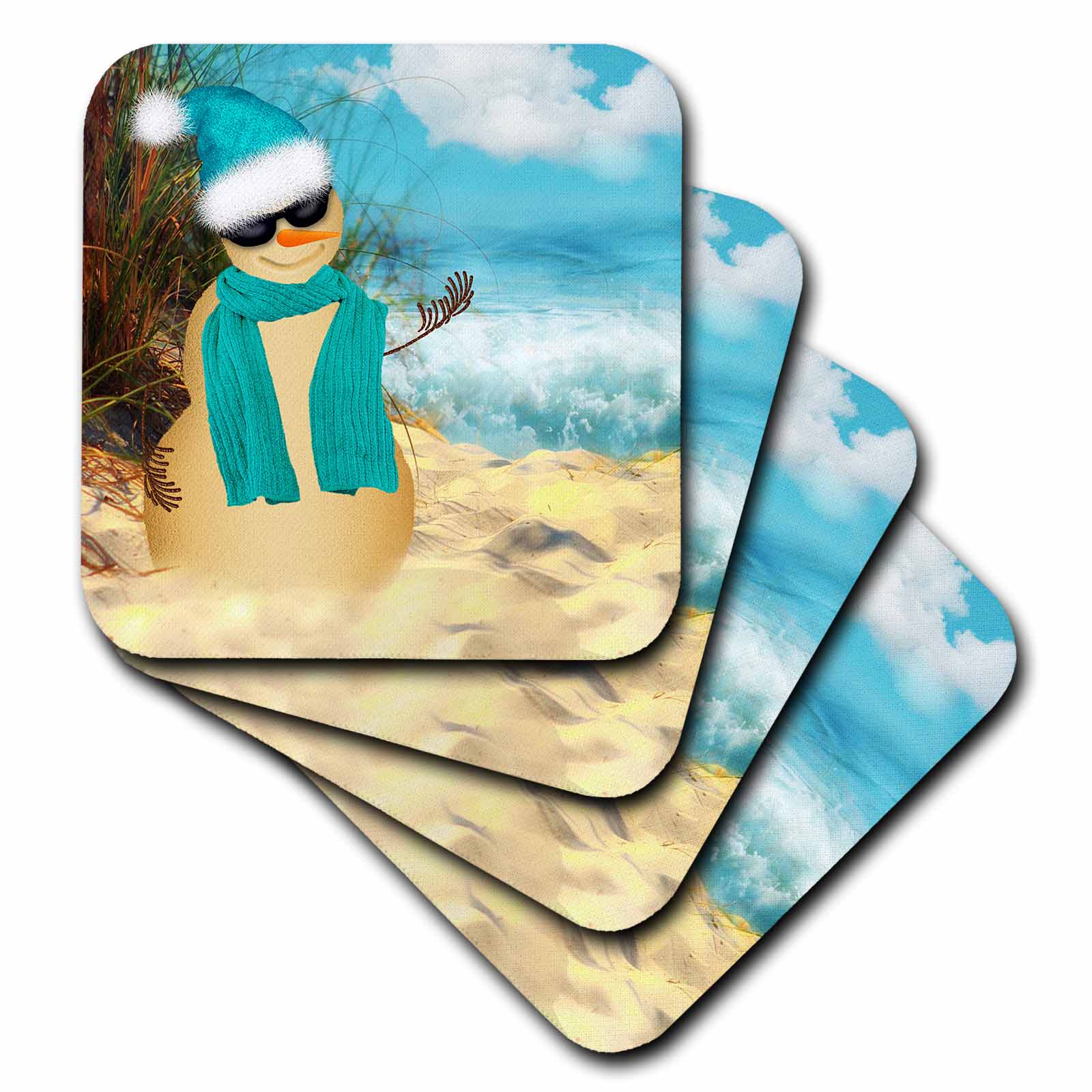 Square coasters with beach sandman snowman graphic, teal scarf and ocean waves