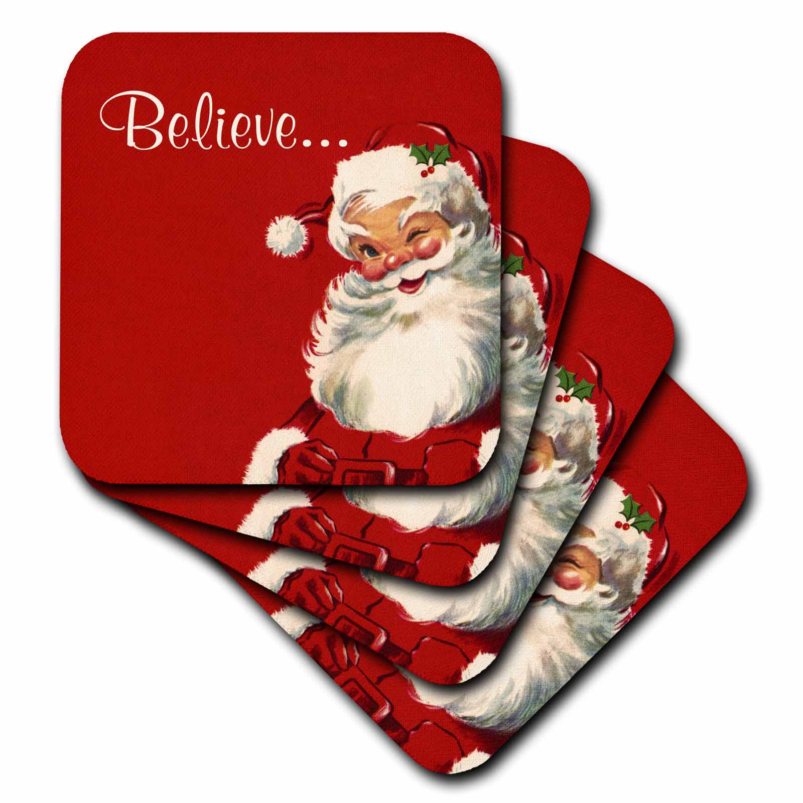 Red square coaster with vintage Santa illustration and “Believe...” script, stacked set