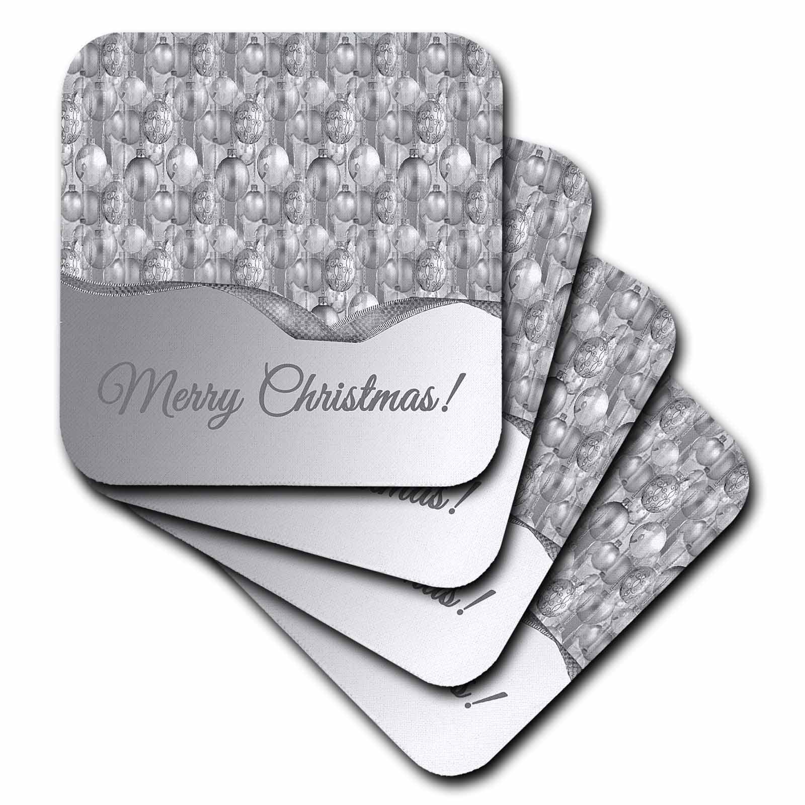 Stacked silver ornament-pattern coasters with Merry Christmas script
