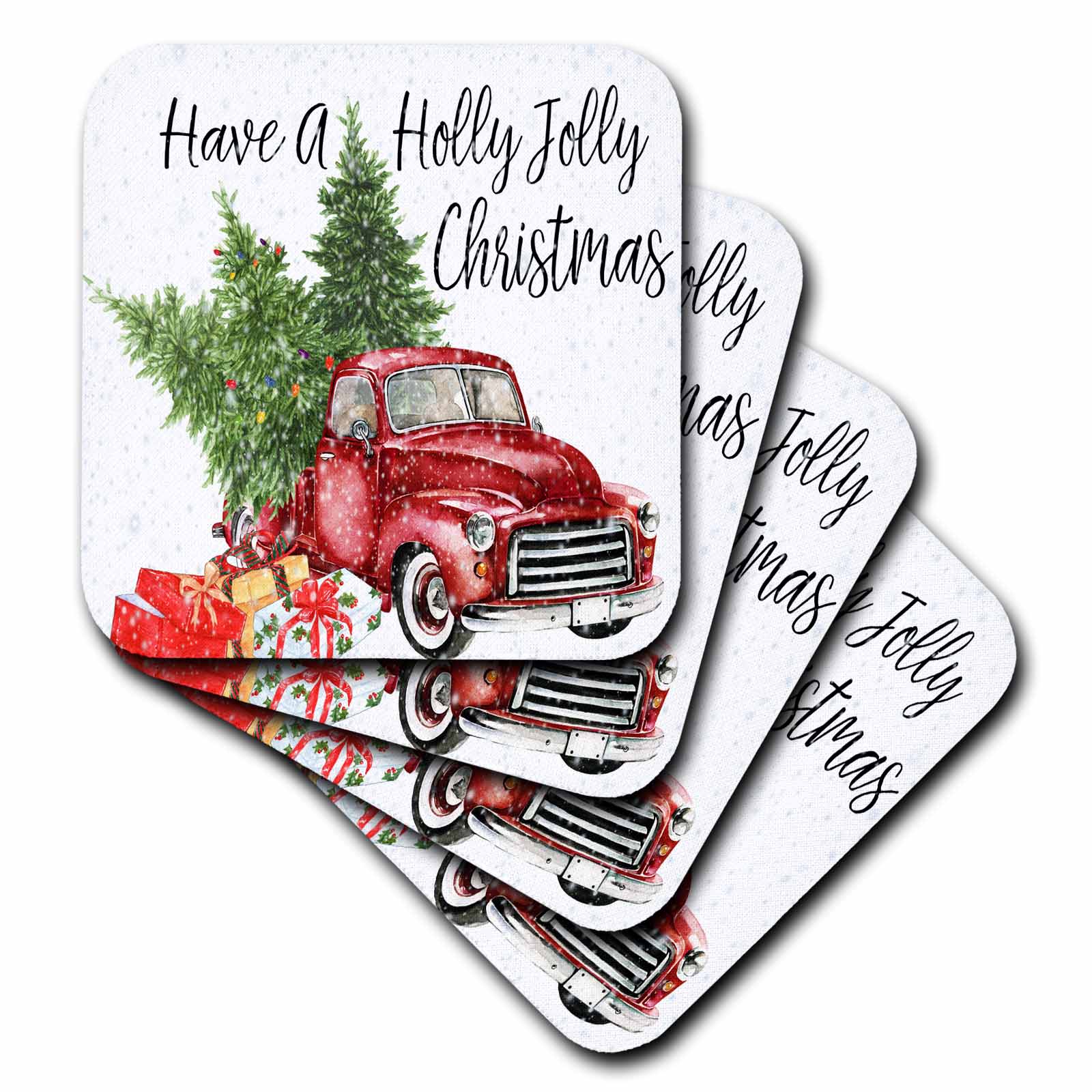 Coaster set with red vintage truck, holly branches, and green script Christmas text