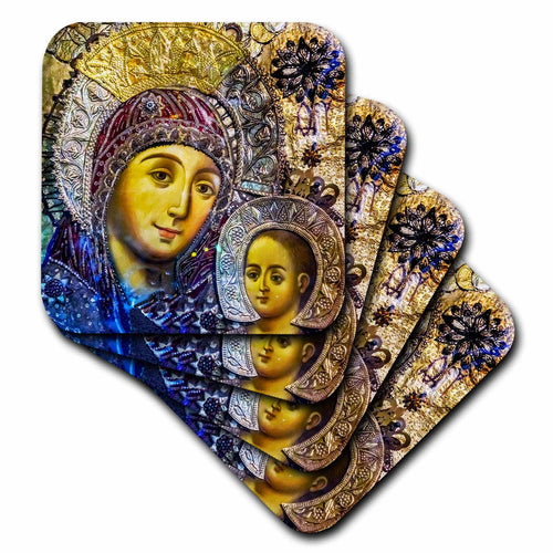 Heart coasters featuring ornate Mary and Jesus icon artwork, gold and blue
