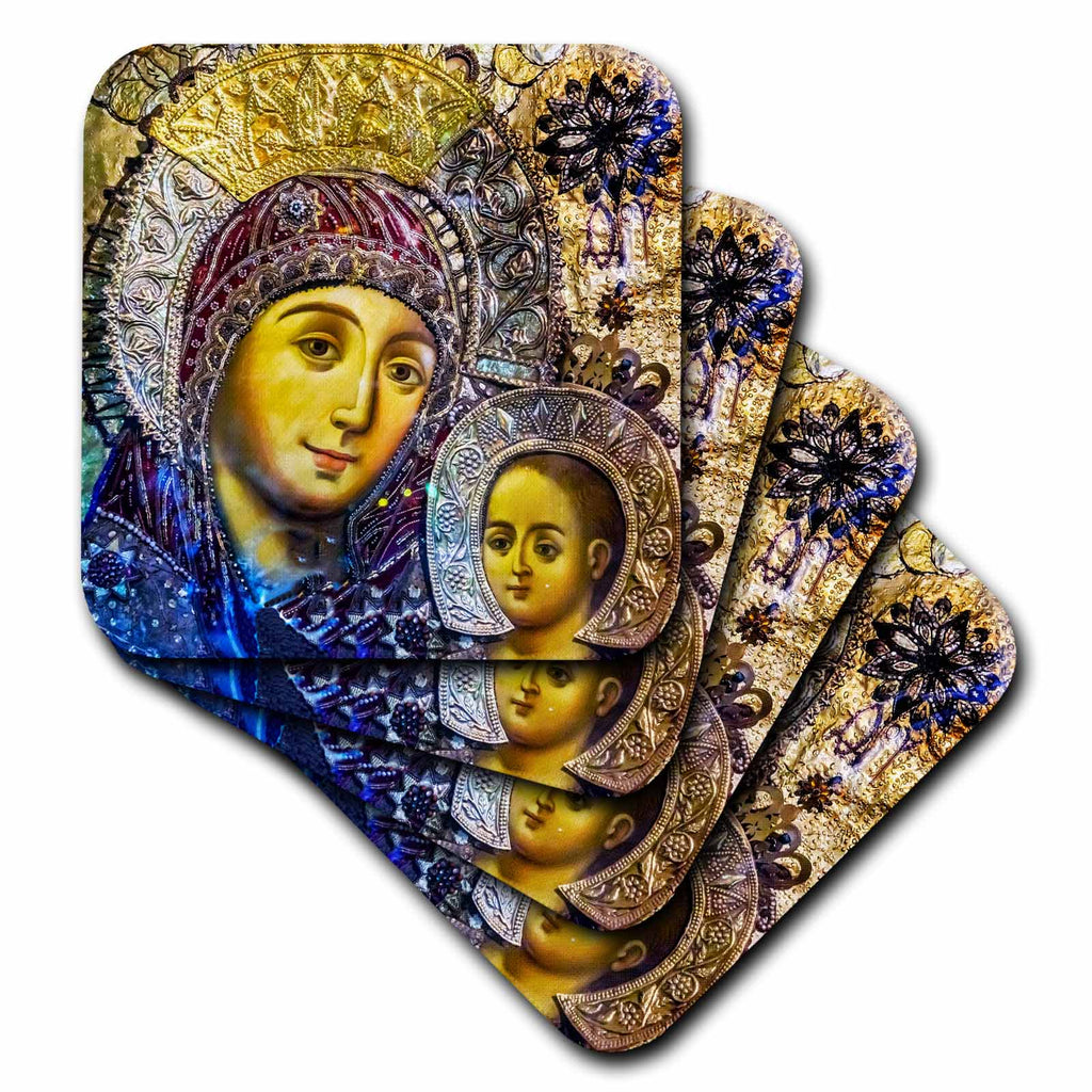 Heart coasters featuring Mary and Jesus faces in decorative religious pattern
