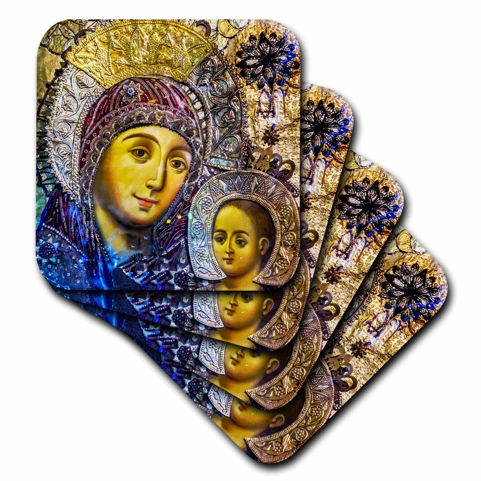 Overlapping heart coasters with Mary and Jesus icon artwork, blue and gold details