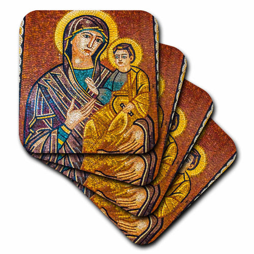 Stacked mosaic tile coasters with Mary, baby Jesus, and gold halos