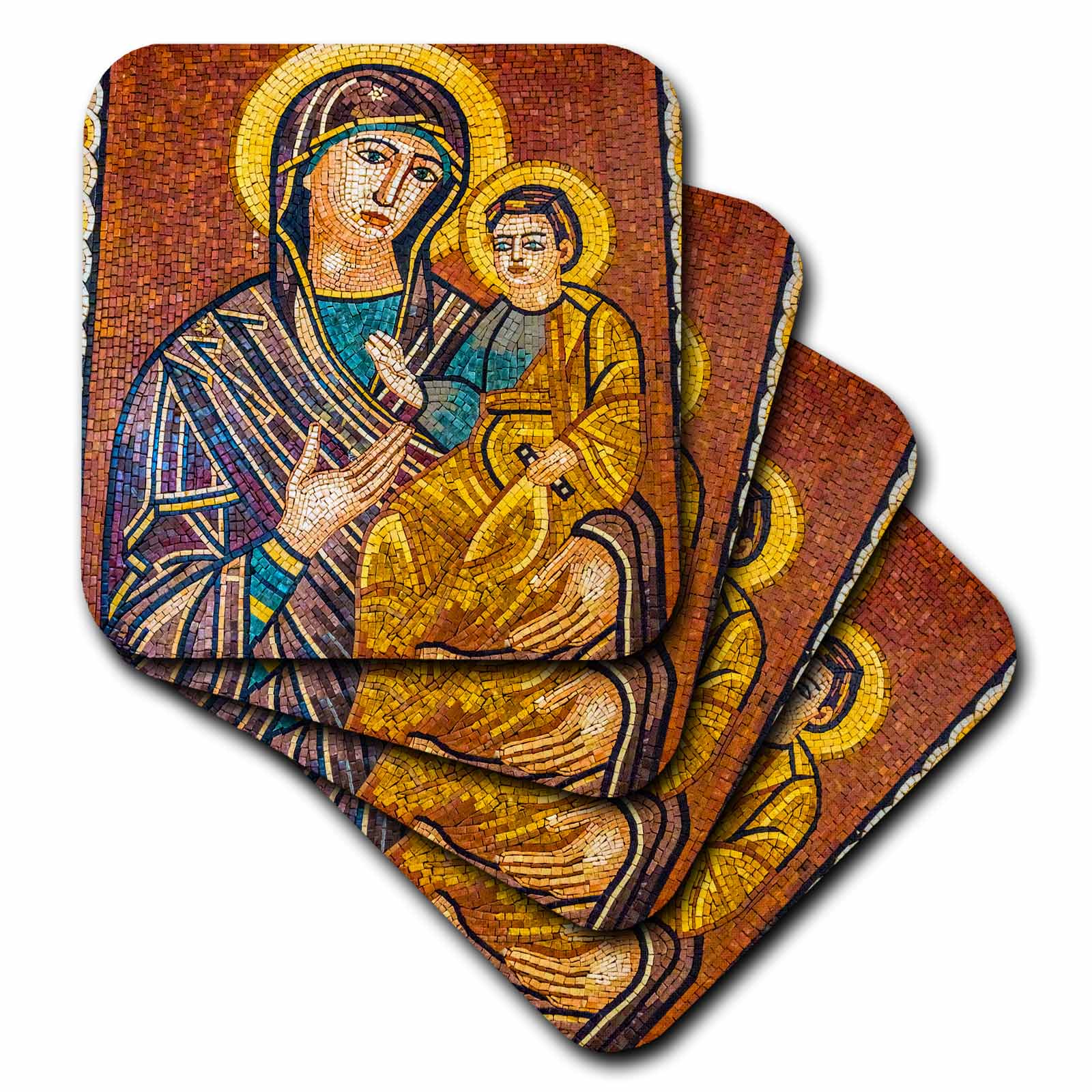 Stacked mosaic tile coasters showing Mary holding baby Jesus
