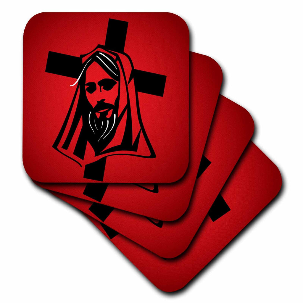 Square red coaster set featuring black Jesus vector cross artwork