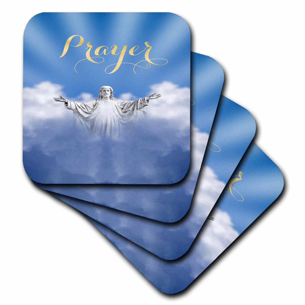 Rounded-square prayer coasters with Jesus figure in clouds and 'Prayer' script