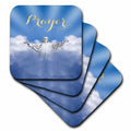 Prayer coasters featuring a blue sky cloud scene, Jesus and 'Prayer' lettering