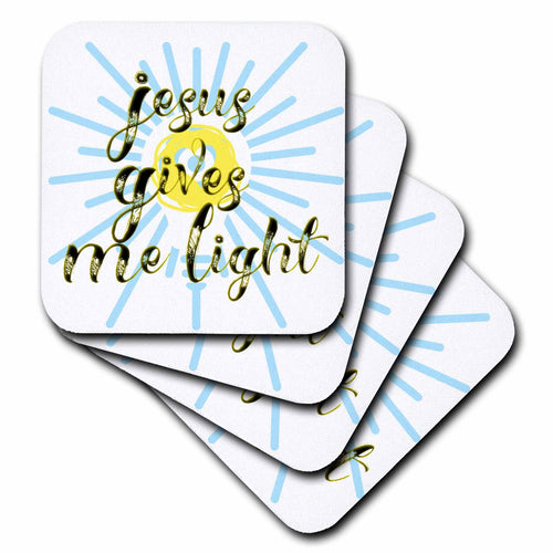 Rounded-square coaster with blue sunburst rays and 'Jesus gives me light' text