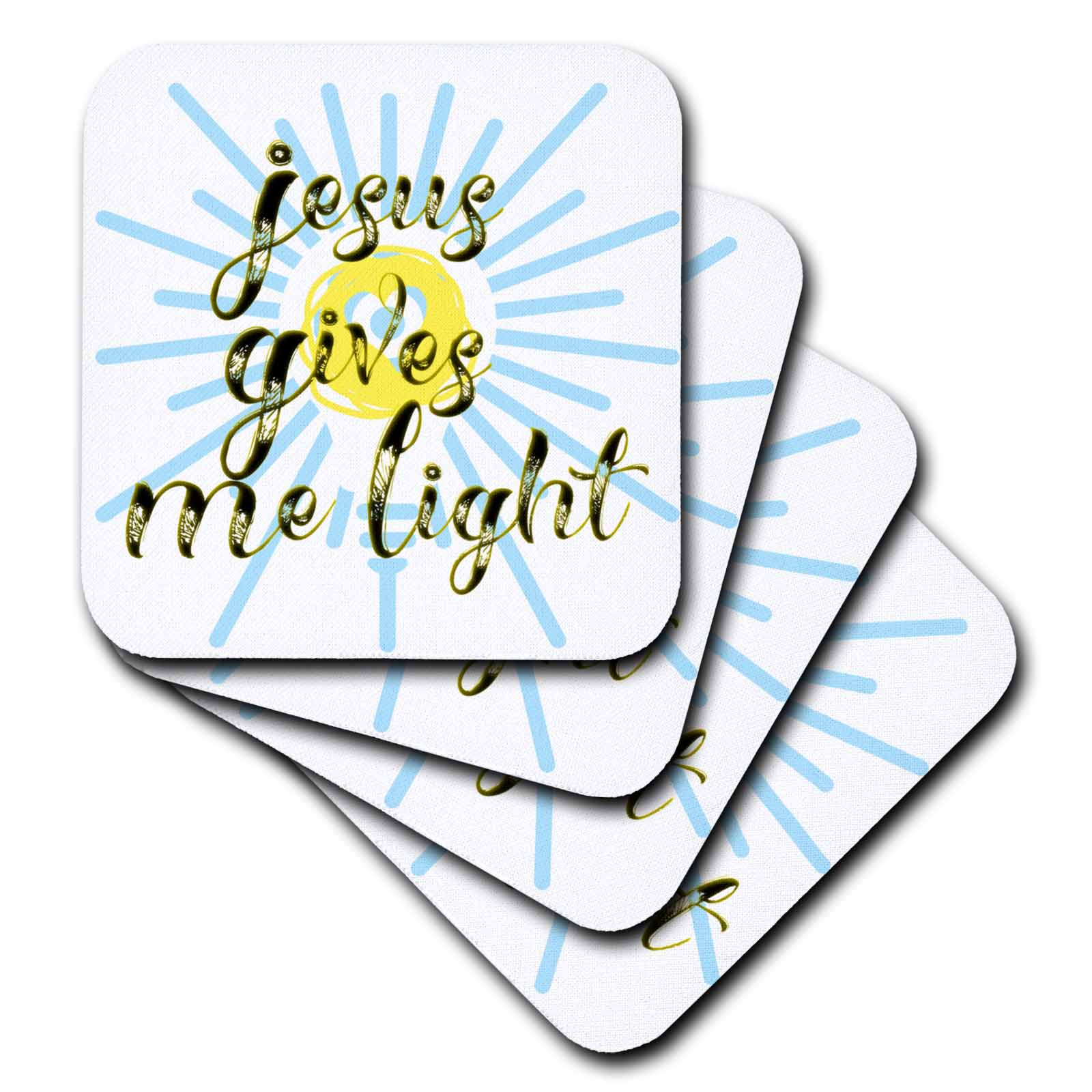 Rounded-square coasters stacked, white with blue rays and 'Jesus gives me light' quote