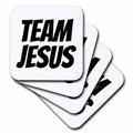Square coasters with TEAM JESUS text and black lightning bolt design on white