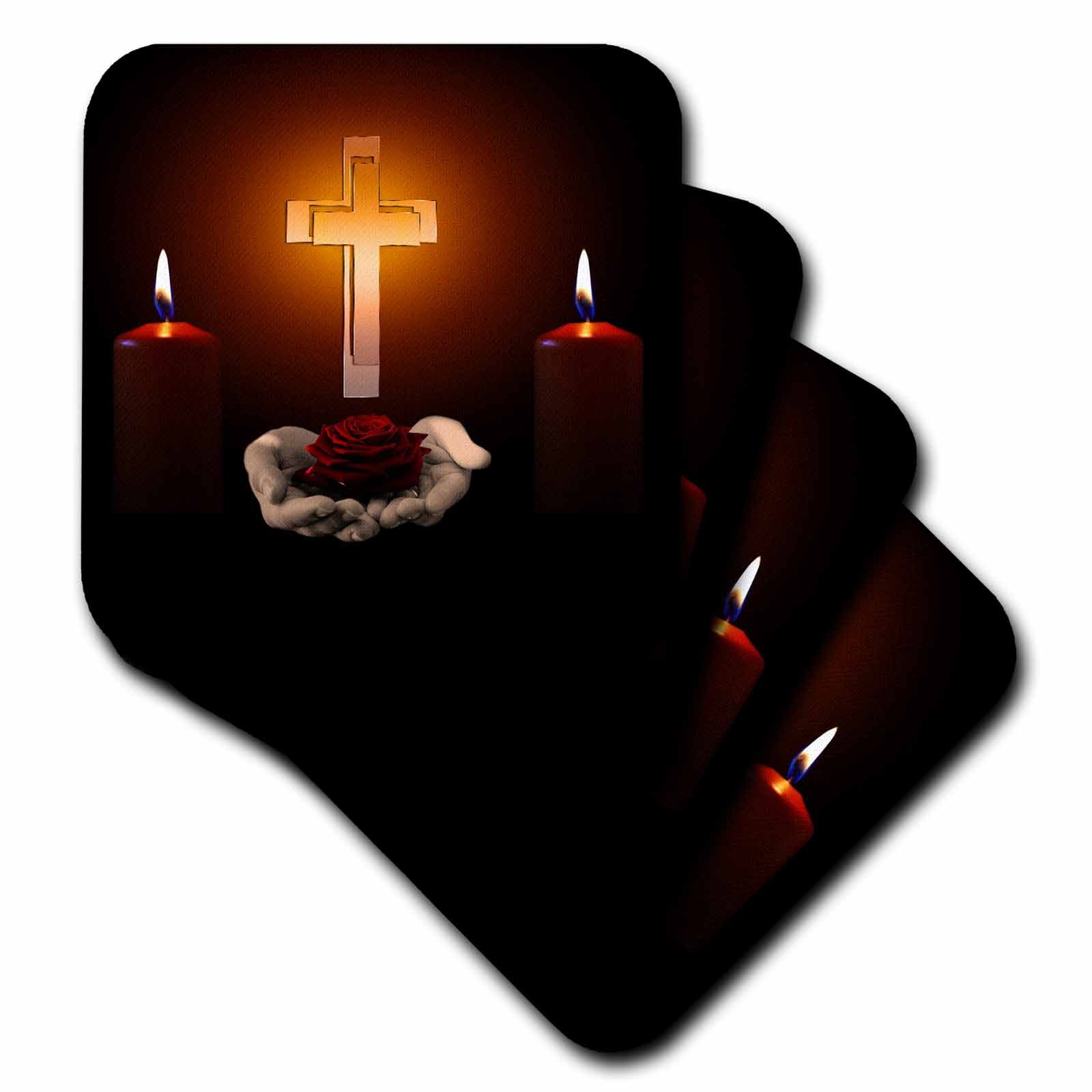 Religious coaster with glowing cross, two candles, and hands illustration on dark base