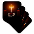 Coaster showing glowing cross, candles, and hands illustration on dark base