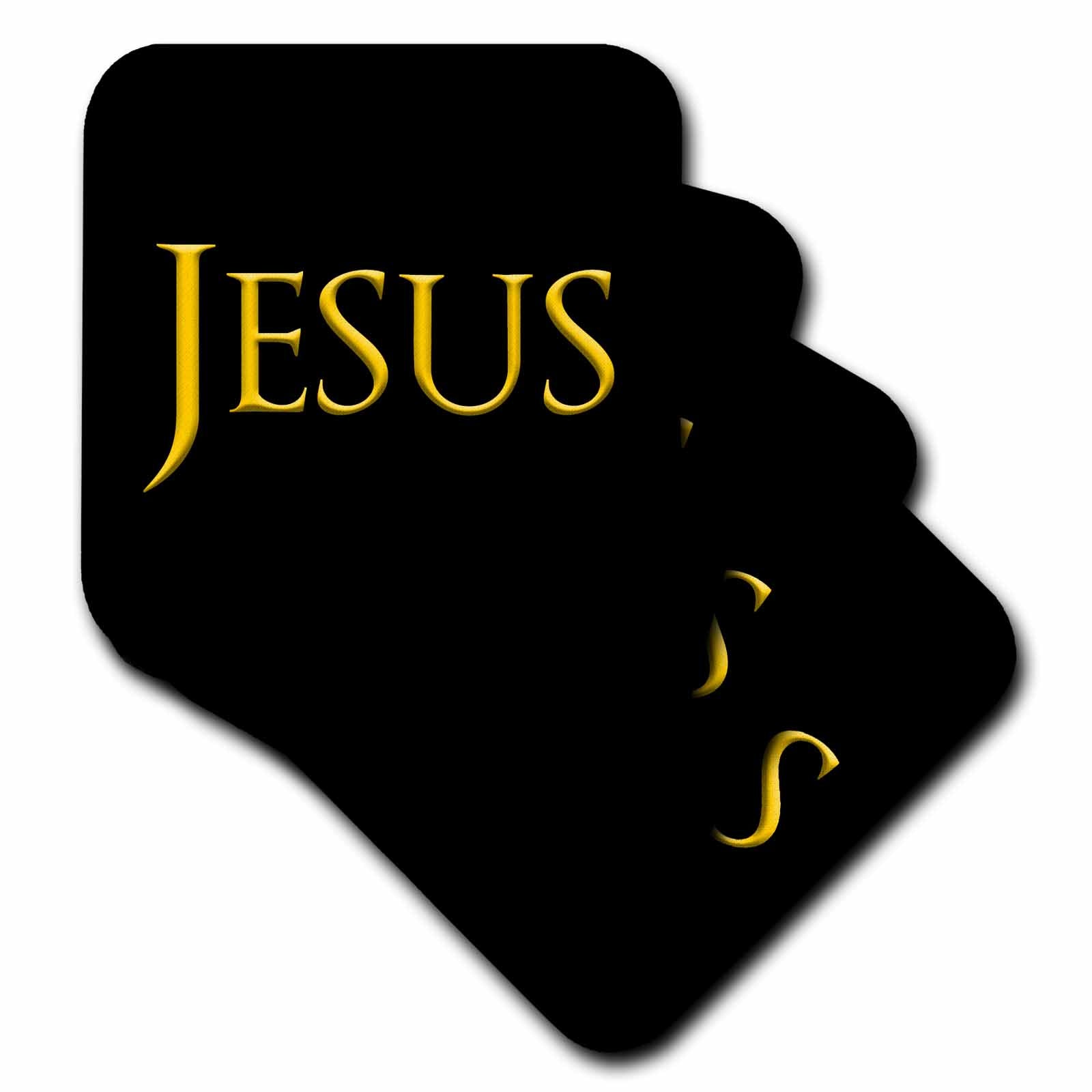 Set of black coasters with yellow 'JESUS' lettering and decorative accents